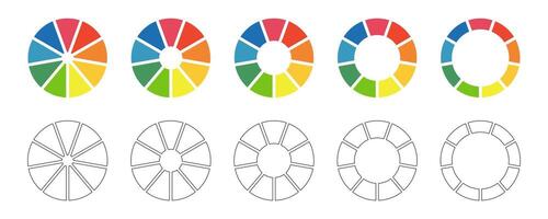 Donut charts set, pies segmented on 9 equal parts. Diagrams infographic multicolored collection. Wheels divided in nine sections. Circle section graph. Pie chart round icons. Loading bar. vector