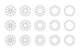 Circle division on 10, 11, 12 equal parts. Wheel round divided diagrams ten, eleven, twelve segments. Set of infographic. Coaching blank. Section graph. Pie, pizza chart icons. Outline donut charts. vector