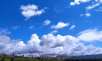 Clear blue sky texture and white fluffy cloud nature background. The sun shines bright in the daytime in summer photo