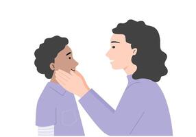 madre y chico hablando y sonriente con contento emoción. vector