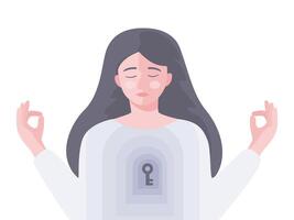 un mujer meditando, mental salud y bienestar conceptos. vector