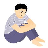 Isolated of a worry boy sitting on the floor with hands on knee. vector