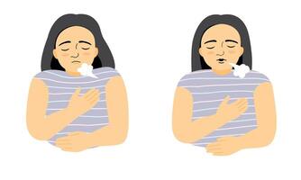 Girl doing breath exercise for calm stress relief. vector