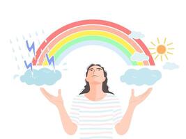 un mujer Mira a encima con el arco iris Entre tormenta nube y brillante nube, mental salud concepto. vector