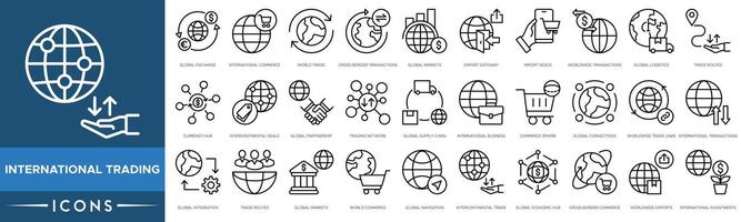 International Trading icon. Global Exchange, International Commerce, World Trade, Cross Border Transactions, Global Markets, Export Gateway, Import Nexus, Worldwide Transactions and Global Logistics vector