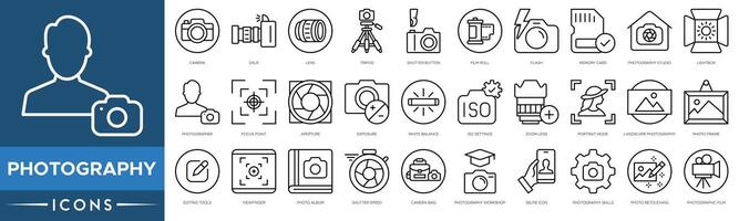 fotografía icono. cámara, cámara réflex digital, lente, trípode, obturador botón, película rollo, destello, memoria tarjeta, fotografía estudio, caja ligera y fotógrafo vector