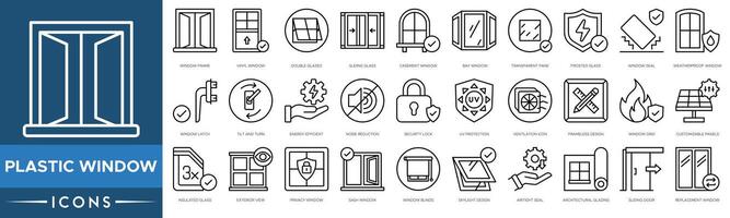 Plastic window icon. Frame, Vinyl Window, Double Glazed, Sliding Glass, Casement Window, Bay Window, Transparent Pane and Frosted Glass vector