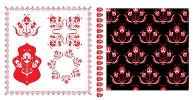 Polish folk art seamless embroidery pattern with flower. Red floral embroidery ornament traditional folk seamless pattern. set vector