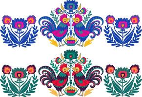 Polish folk art embroidery ornament with cocks - traditional folk floral. illustration vector