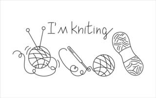 Set threads and knitting tools. Hobby, calligraphy inscription. Handmade. Knitting needles, crochet hook, yarn. Ball of thread. Doodle style. vector