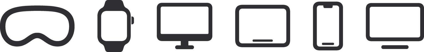 Multiple operating system brands logo icon set including latest gadget devices Watch smartphone, Tablet, Desktop, VR headset. Smart device hardware flat lineal outline editable sign collection. vector