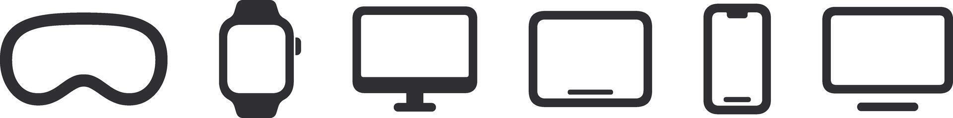Multiple operating system brands logo icon set including latest gadget devices Watch smartphone, Tablet, Desktop, VR headset. Smart device hardware flat lineal outline editable sign collection.