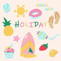 set of summer stickers, travel, vacation, vacation, flat illustrations, icons vector