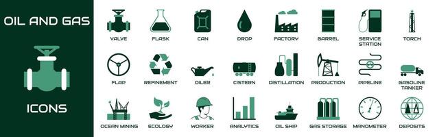 petróleo y gas icono colocar. colección contiene válvula, matraz, poder, gota, fábrica, barril, Servicio estación, antorcha, solapa, refinamiento, engrasador, cisterna, destilación y otro iconos vector