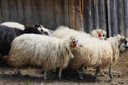 A group of sheep are walking in a field photo