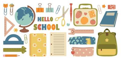 Cute school stationery large set. Kawaii accessories for studying. Hello School. Modern illustration. vector