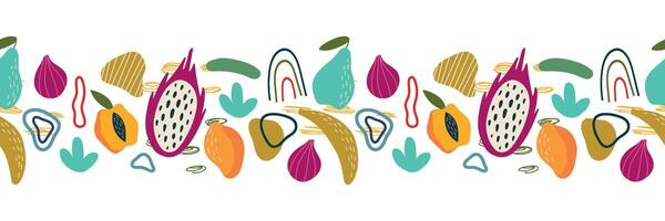 Summer fruit seamless border. Pitaya, banana, mango, fig, peach, pear and abstract elements. Isolated illustration for your design. vector