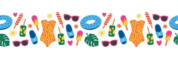 Summer seamless border. Beach accessories, swimsuit, sunglasses, flip flops, ice cream, lifebuoy. Isolated illustration vector