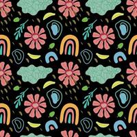Floral trippy seamless pattern. Flowers, plants and abstract elements on a black background. . For cover, case, fabric, wrapping paper, packaging vector