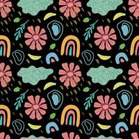 Floral trippy seamless pattern. Flowers, plants and abstract elements on a black background. . For cover, case, fabric, wrapping paper, packaging vector
