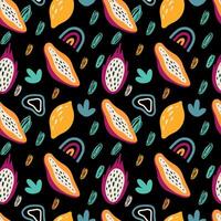 Fruity trippy seamless pattern. Bright fruits and abstract elements on a black background. illustration. For cover, fabric, case, packaging, wrapping paper, background. vector