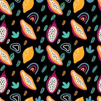Fruity trippy seamless pattern. Bright fruits and abstract elements on a black background. illustration. For cover, fabric, case, packaging, wrapping paper, background.