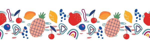 Summer fruit seamless border. Pineapple, pomegranate, mango, lemon, cherry and abstract elements. Modern illustration for your design vector