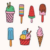 Ice Cream hand drawn in cartoon style. Different kind sweets milk dessert on isolated background. Food illustration. Design for label, logo, poster, card, flyer, print, paper, flyer vector