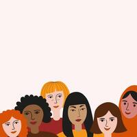 Women's faces with different skin colours. Multiethnic women group, flat illustration. Background for solidarity, feminism, harmony coexistence, feminine communities. For card, poster, design vector