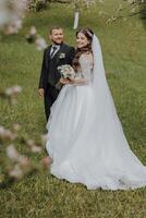 the groom and his bride are walking on the green grass in the spring garden. The bride is in a chic white dress, the groom is in a black suit photo