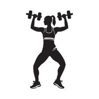 Fitness club logo or emblem with woman silhouette. Woman holds dumbbells. Isolated on white vector