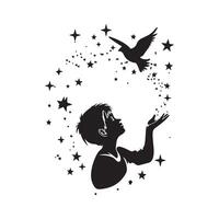 silhouette of a boy releasing a bird on the background of stars vector