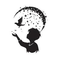 silhouette of a boy releasing a bird on the background of stars vector
