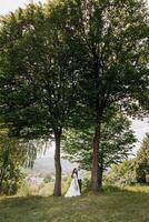 A couple is standing in front of two trees, with the bride wearing a white dress photo