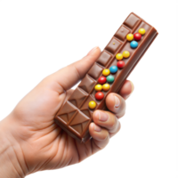 A hand holding a chocolate bar with colorful sprinkles on it png