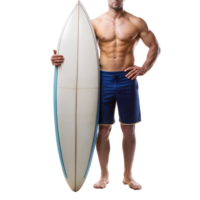 A man is holding a surfboard and wearing blue shorts png