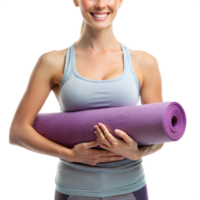 une femme est en portant une violet yoga tapis png