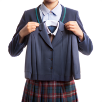 A girl is wearing a blue jacket and plaid skirt png