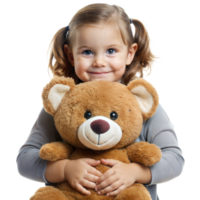 A young girl is holding a teddy bear and smiling png