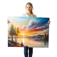 A woman is holding a large painting of a sunset over a lake png