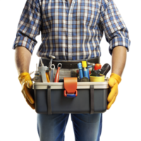 A man is holding a toolbox with various tools in it png