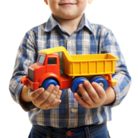 A young boy is holding a toy dump truck png