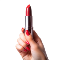 ein Frau ist halten ein rot Lippenstift im ihr Hand png