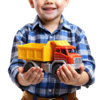 A young boy is holding a toy dump truck in his hands png