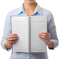 A woman is holding a spiral bound notebook open to a blank page png