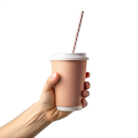 A hand holding a cup with a straw in it png