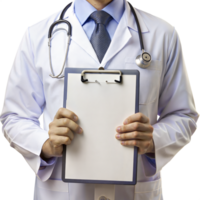 A doctor holding a clipboard with a white page png