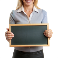 A woman is holding a blackboard with a smile on her face png