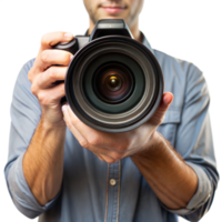 A man is holding a camera with a lens in his hand png