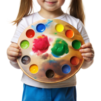 A young girl is holding a paint palette with many different colors on it png